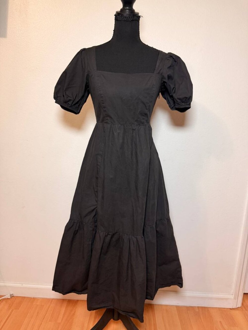 ASTR 100% Cotton Black Puff Sleeve Midi Dress Smocked Slit Milkmaid Cottagecore